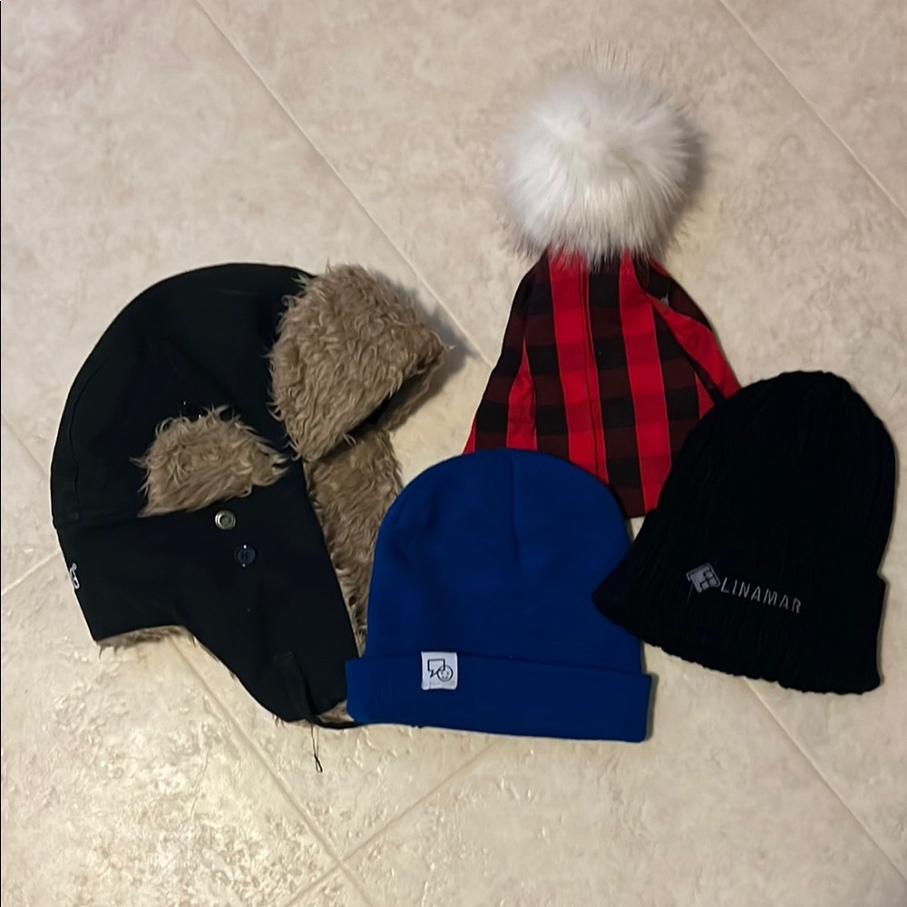 Winter Hat Set - Black, Blue, Red Plaid
